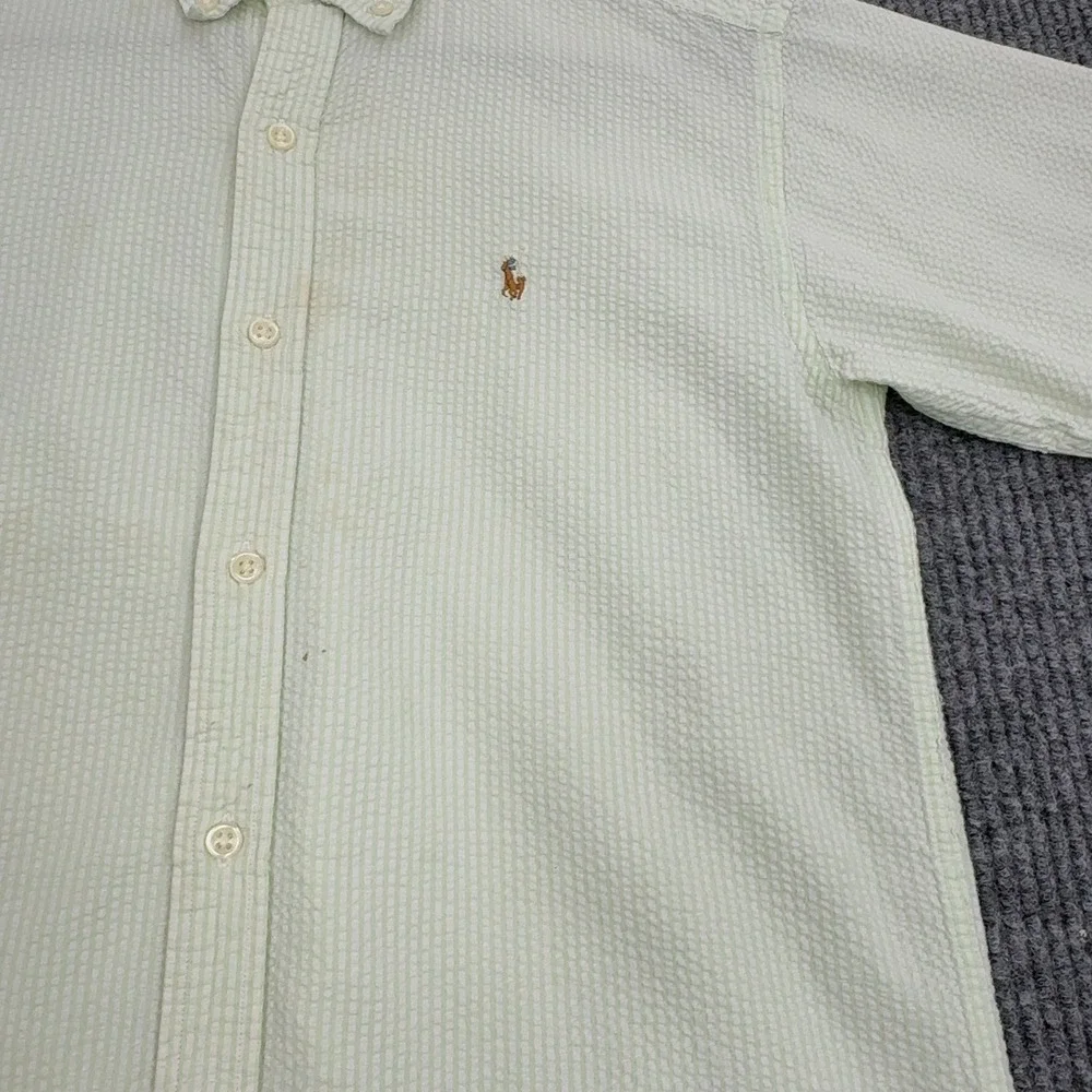 Ralph Lauren Button Up Shirt Boys L Green Seersucker Short Sleeve Preppy Classic